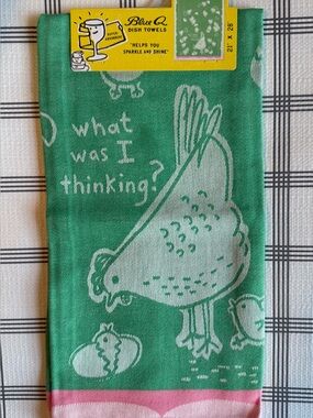 Blue Q Green & Pink Chicken Dish Towel - "What Was I Thinking?"